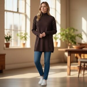 Woman's XL‎ Chocolate Brown Turtleneck Sweater with Side and Arm Lace-Up Detail